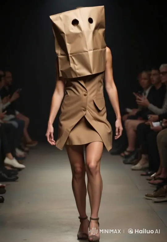 Runway Model Showcases Unique Khaki Dress with Oversized Bag – AI Generated Video | Hailuo AI