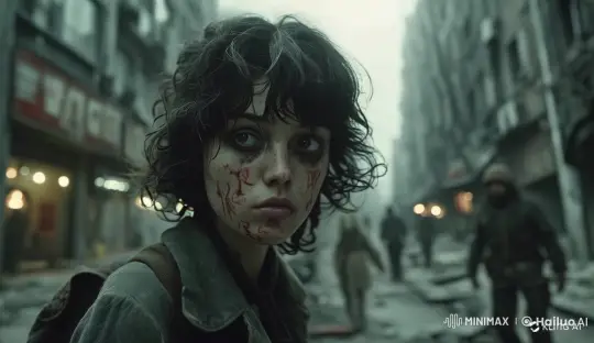 Young Woman Escapes War-Torn Street Amidst Distress – AI Generated Video | Hailuo AI
