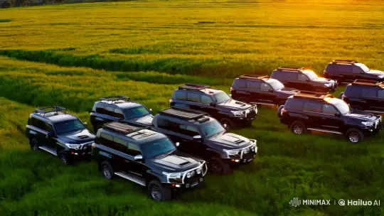 Convoy of Land Cruisers in Lush Fields – AI Generated Video | Hailuo AI