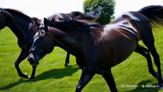 Majestic Black Horses Galloping in Verdant Landscape – AI Generated Video | Hailuo AI