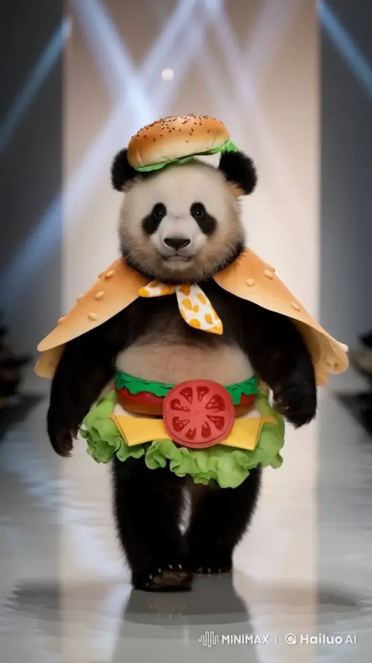 Baby Panda Struts in Hamburger-Inspired Runway Fashion – AI Generated Video | Hailuo AI