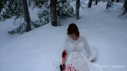 Woman with Wound in Snowy Forest - Aesthetic Contrast – AI Generated Video | Hailuo AI