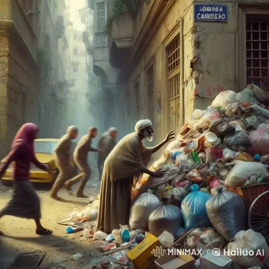 Elderly Man Scavenges Food in Trash Amidst Busy Street Scene – AI Generated Video | Hailuo AI