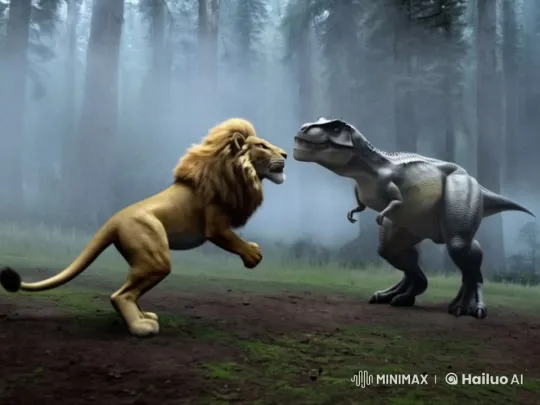 Mystical Fusion: Lion-Dinosaur Transforms Forest Ecosystem – AI Generated Video | Hailuo AI