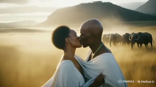 Couple Passionately Kisses as Elephants Approach in Slow-Motion Savannah Scene – AI Generated Video | Hailuo AI