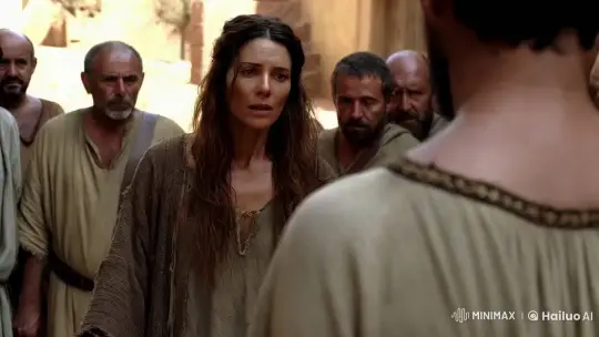 Fearful Woman Surrounded by Stern Men in Ancient Street Setting – AI Generated Video | Hailuo AI