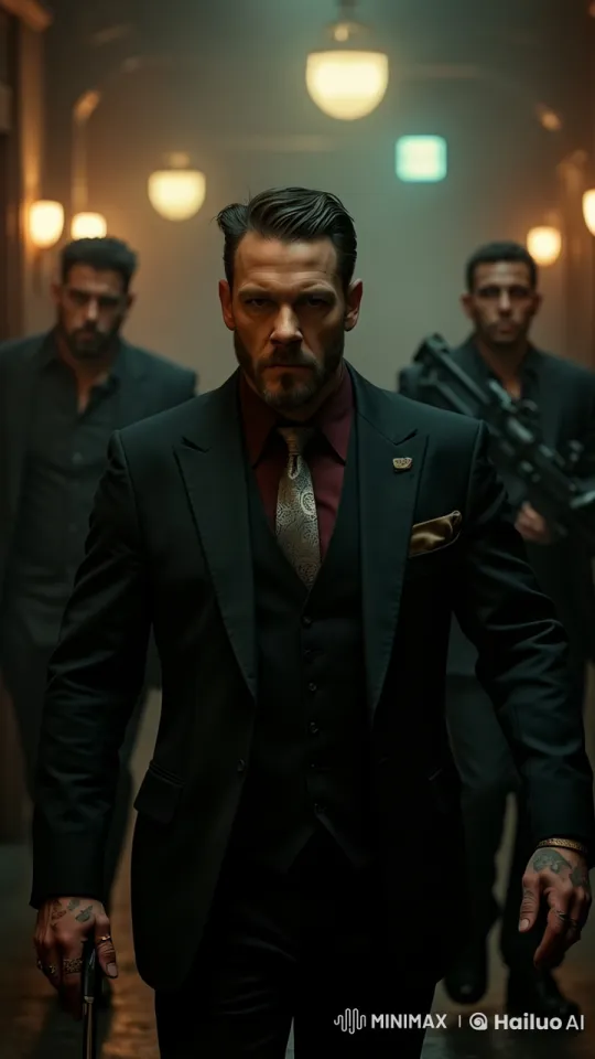 Three Men Advance Through Shadowed Hallway with Purpose – AI Generated Video | Hailuo AI