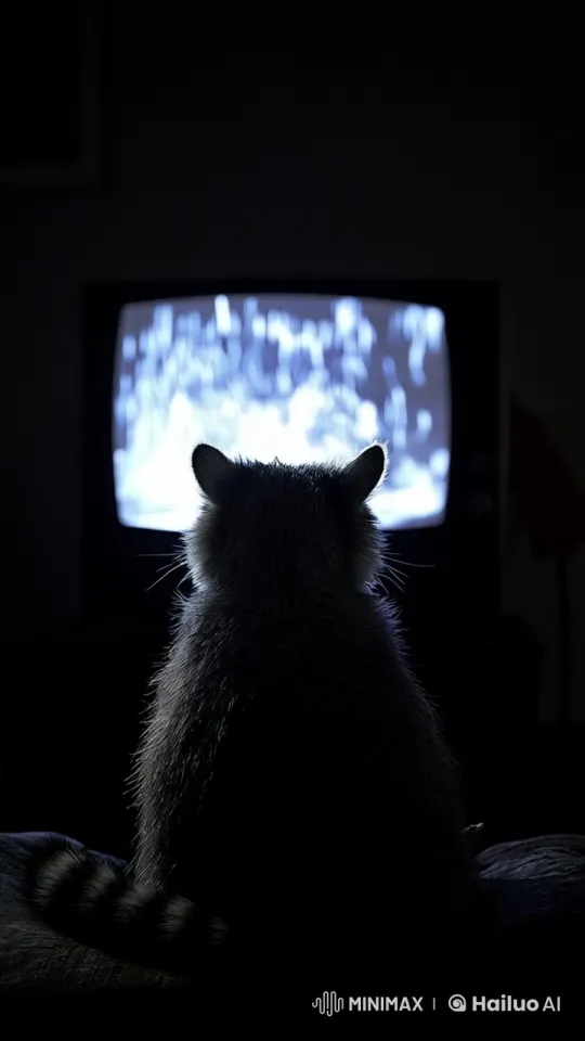 Raccoon Enchanted by Nighttime TV Glow – AI Generated Video | Hailuo AI
