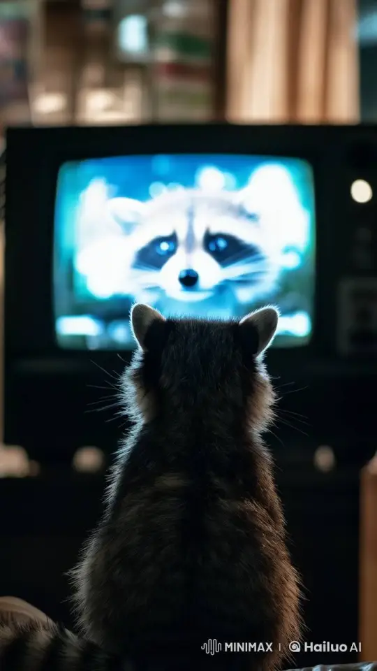 Raccoon Enchanted by TV in Darkened Room – AI Generated Video | Hailuo AI