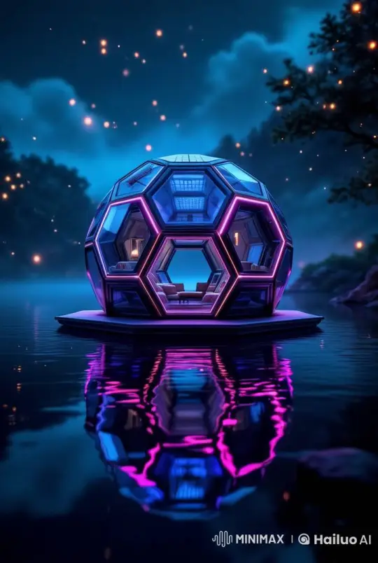 Futuristic Hexagon House on Misty Lake - A Cinematic Nighttime Tour – AI Generated Video | Hailuo AI