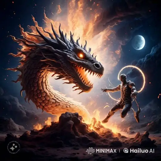 Celestial Dragon Battles Shadow Warriors Amidst Supernova – AI Generated Video | Hailuo AI
