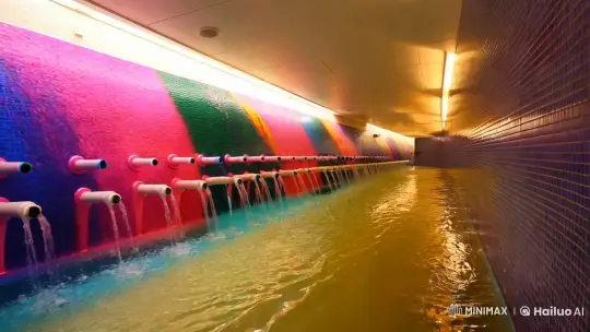 Vibrant Water Cascade in Geometric Pool Tile Tunnel – AI Generated Video | Hailuo AI