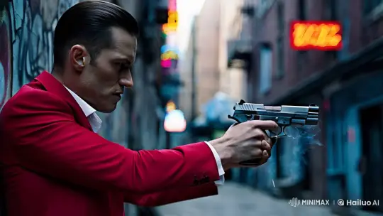 Man Fires Gun in Urban Alley with Dramatic Lighting – AI Generated Video | Hailuo AI