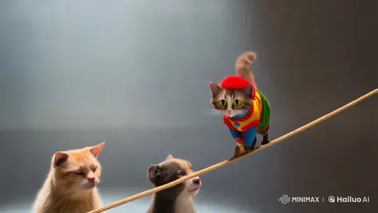 Cross-eyed Cat in Clown Costume Perform on Tightrope – AI Generated Video | Hailuo AI