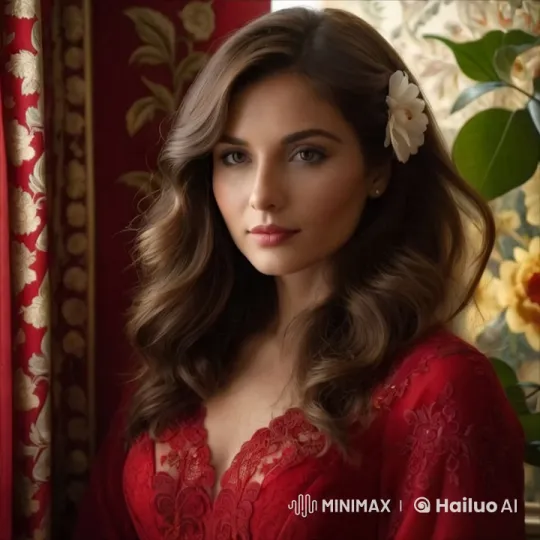 Serene Woman in Red Lace Amidst Ornate Floral Decor – AI Generated Video | Hailuo AI