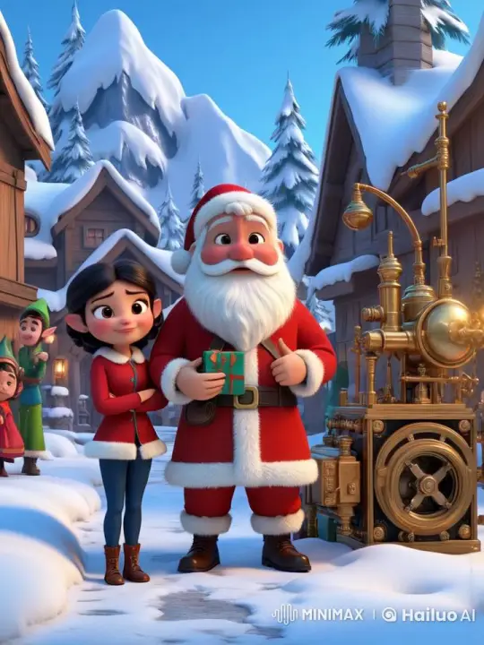 Santa and Young Woman Share Festive Moment in Snowy Village – AI Generated Video | Hailuo AI