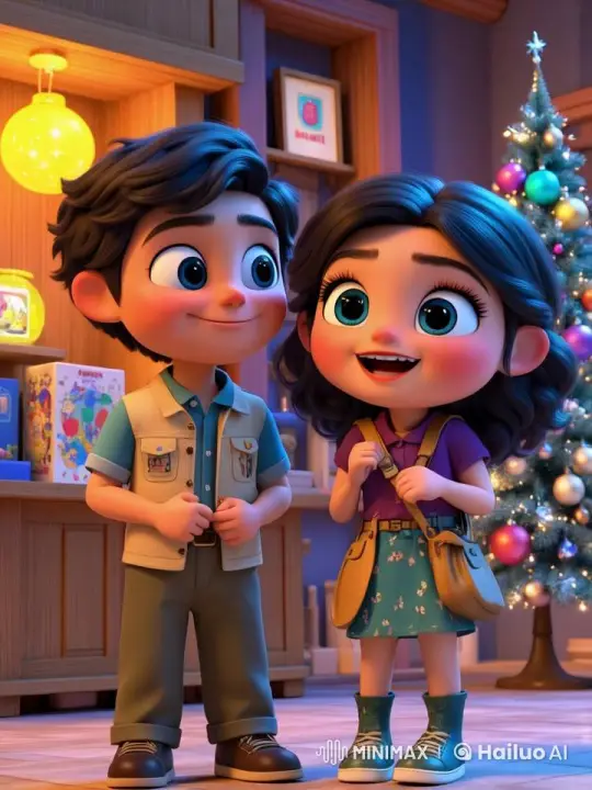 Animated Boy and Girl in Festive Room with Christmas Tree – AI Generated Video | Hailuo AI
