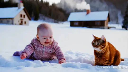 Baby and Cat Frolic in Snowy Bliss – AI Generated Video | Hailuo AI