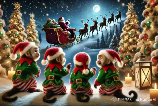 Capuchin Monkeys in Elf Costumes Wave Santa's Sleigh Off – AI Generated Video | Hailuo AI