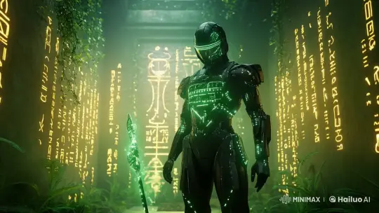 Futuristic Soldier in Ancient Temple: Blending Technology and Mysticism – AI Generated Video | Hailuo AI