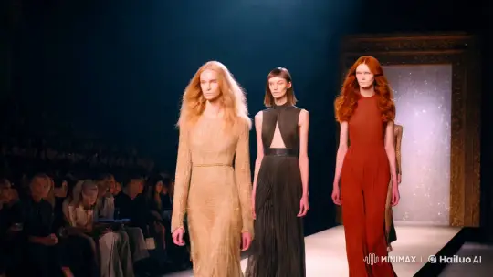 High Aesthetic Fashion Show: Trio of Models Strut Runway – AI Generated Video | Hailuo AI