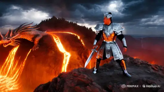Warrior Battles Dragon on Fiery Mountain Peak – AI Generated Video | Hailuo AI