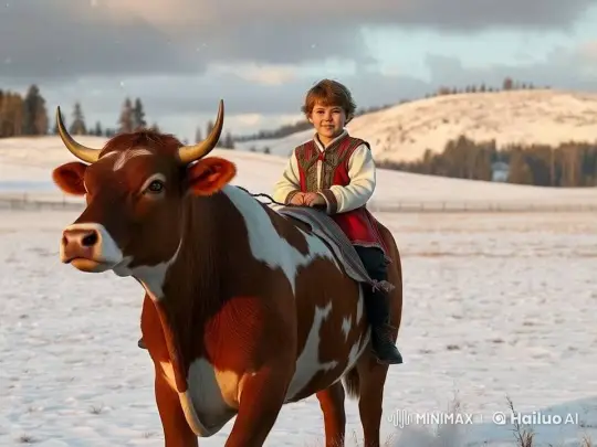 Child on Content Cow in Serene Winter Pasture – AI Generated Video | Hailuo AI