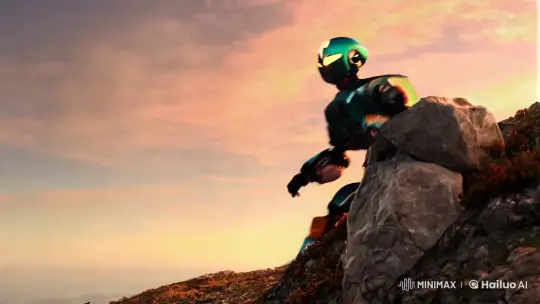 Robot Ascends Mountain in Dynamic Shot – AI Generated Video | Hailuo AI