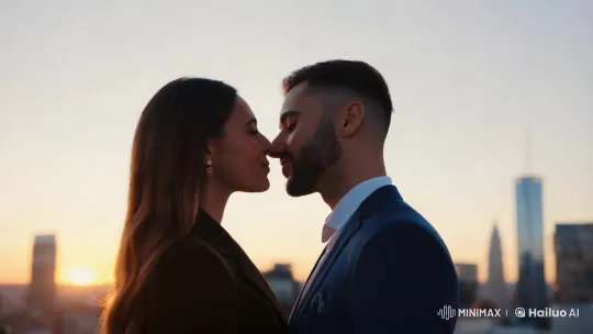 Romantic Rooftop Moment: City Skyline Silhouettes – AI Generated Video | Hailuo AI