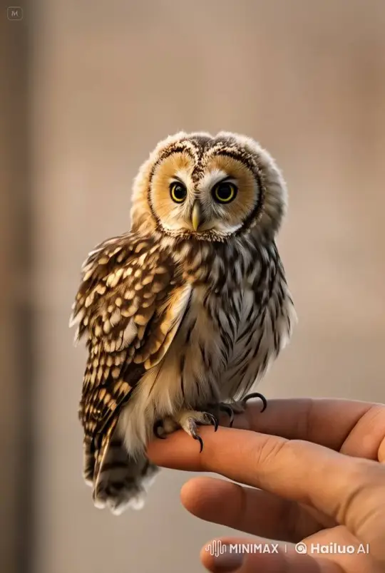 Close-up of Curious Owl on Finger with Striking Eyes – AI Generated Video | Hailuo AI