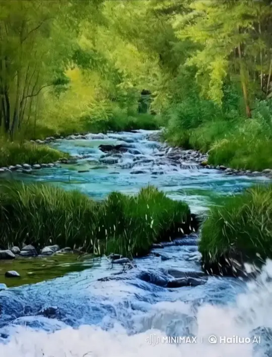 Tranquil River Scene in Lush Forest – AI Generated Video | Hailuo AI