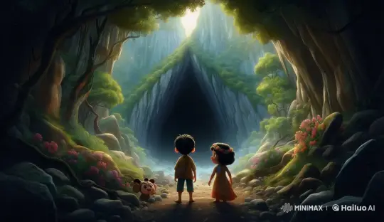 Children and Pet Enter Mysterious Cave in Enchanted Valley – AI Generated Video | Hailuo AI
