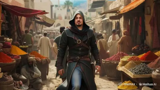 Medieval Figure in Vibrant Live2D Market Setting – AI Generated Video | Hailuo AI