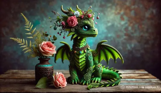 Whimsical Green Dragon Adorably Interacts with Flowers – AI Generated Video | Hailuo AI