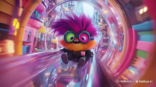 Fluffy Character Slides Through Futuristic Cityscape – AI Generated Video | Hailuo AI