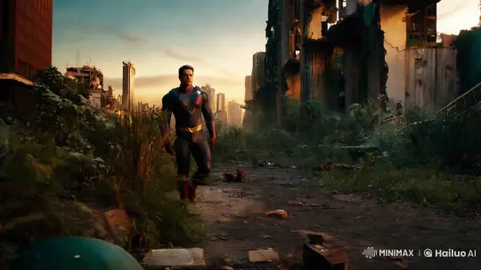 Realistic Fantasy Superhero Strides Through Abandoned Cityscape – AI Generated Video | Hailuo AI