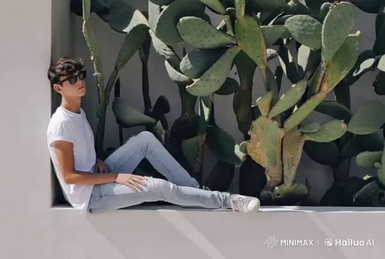 Young Model Showcases Casual Wear Amidst Cacti – AI Generated Video | Hailuo AI