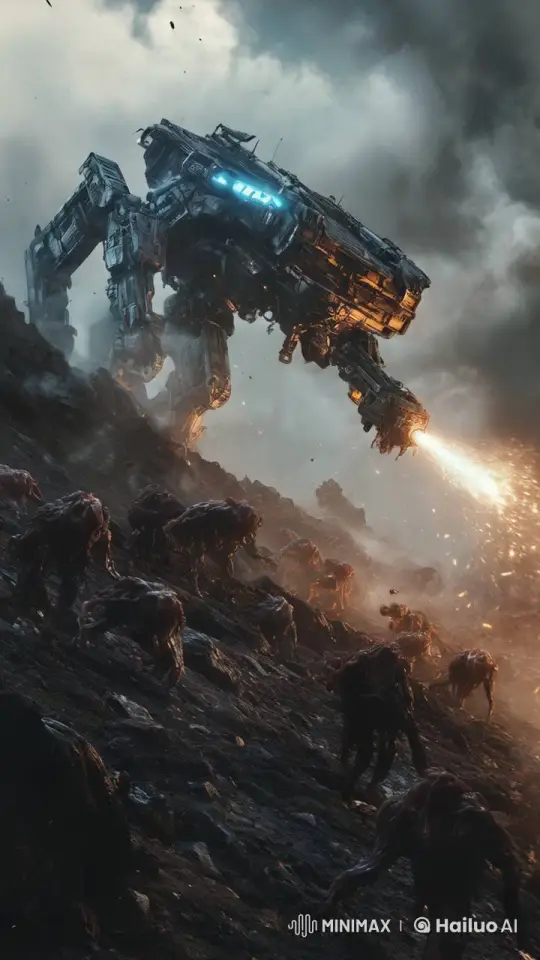 Dystopian Mecha Battles Fleshy Monster Horde – AI Generated Video | Hailuo AI