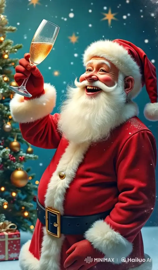 Santa Toasting with Champagne Amidst Festive Decor – AI Generated Video | Hailuo AI