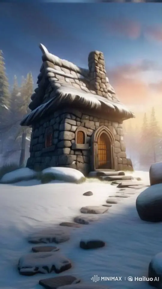 Tranquil Winter Retreat with Stone House and Cat – AI Generated Video | Hailuo AI