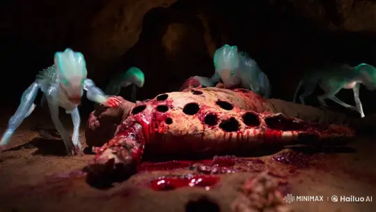 Cinematic Feeding Frenzy in Dimly Lit Cave – AI Generated Video | Hailuo AI