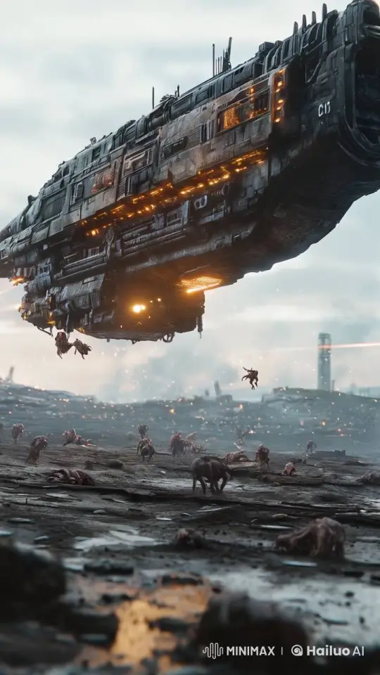 Post-Apocalyptic Futuristic Ship Overlooks Mutant Creatures – AI Generated Video | Hailuo AI