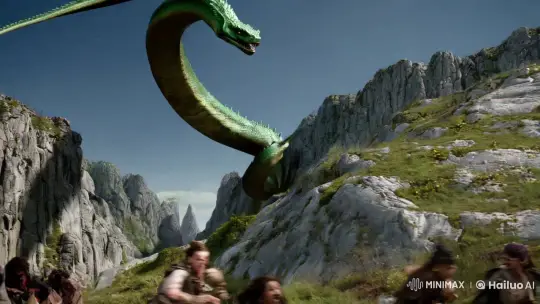 Colossal Serpent Descends Mountain, Panicked Fleeing Figures – AI Generated Video | Hailuo AI