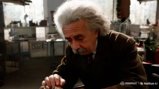 Einstein Examines and Glides on Santa's Model Sleigh – AI Generated Video | Hailuo AI