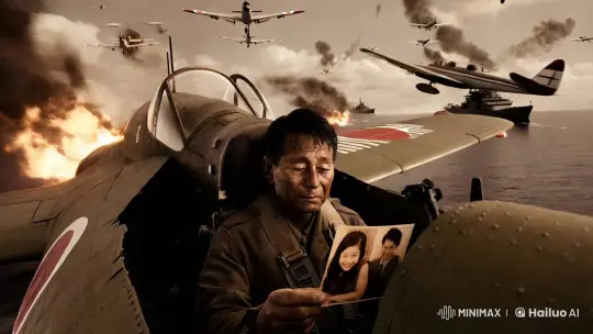 Final Moments: A Japanese Soldier's Poignant Gaze Amidst Battle Chaos – AI Generated Video | Hailuo AI