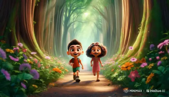 Joyful Children Run Through Enchanted Forest in Live2D Animation – AI Generated Video | Hailuo AI