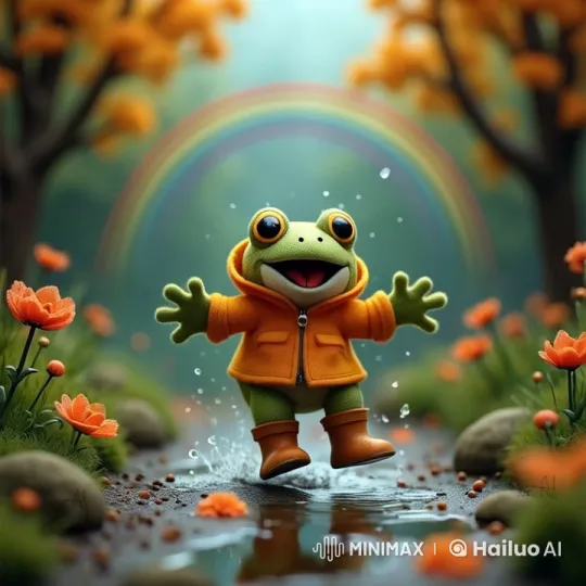 Cheerful Frog Joyfully Jumps in Autumn Puddle – AI Generated Video | Hailuo AI