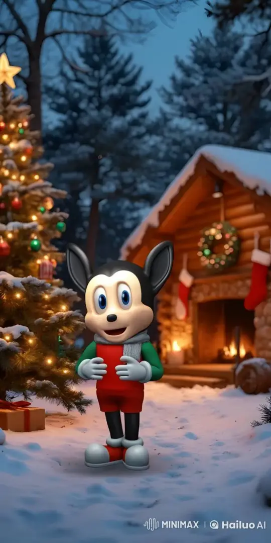 Animated Character Celebrates Christmas by Cabin – AI Generated Video | Hailuo AI