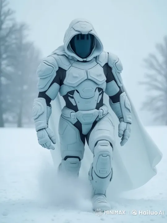 Futuristic Armored Figure Walks Through Snowy Landscape – AI Generated Video | Hailuo AI