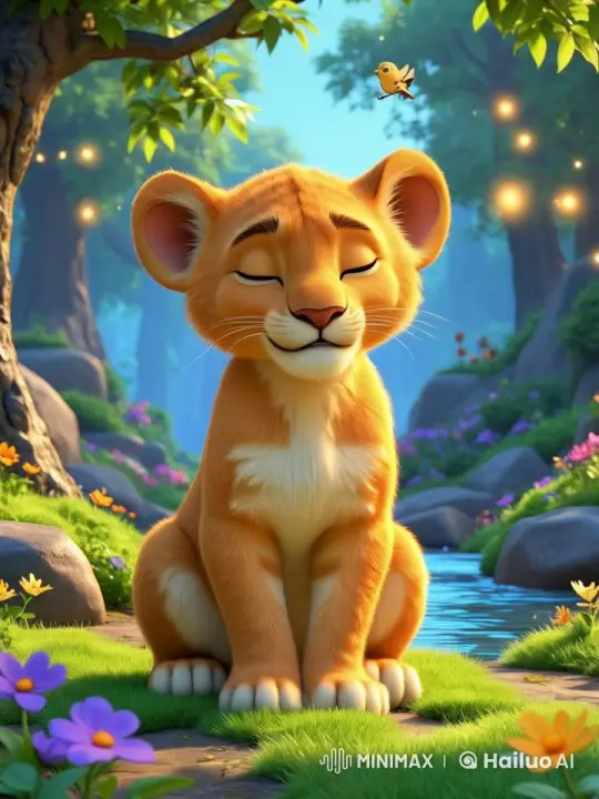 Adorable Lion Cub Meditates in Enchanted Forest – AI Generated Video | Hailuo AI